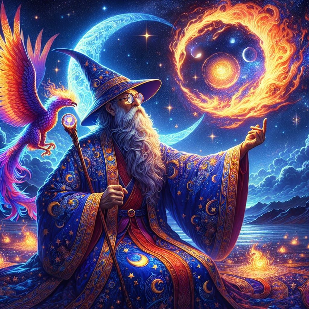South Asian Wizard Casting Fire Spell in Moonlit Sky
