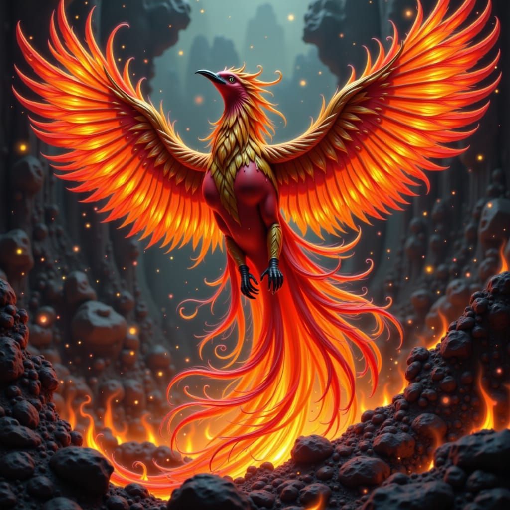 Fiery Phoenix Rising from Embers in Digital Art