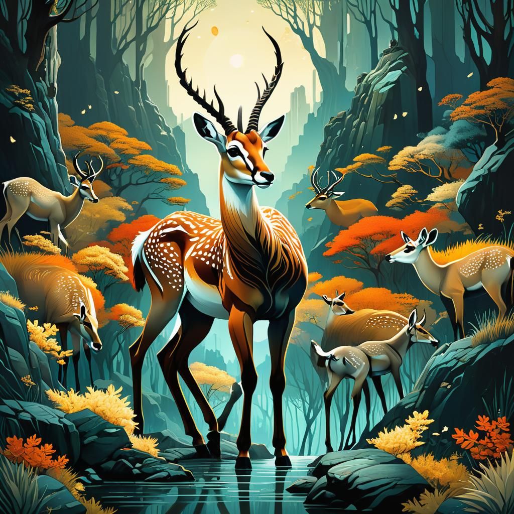 Surreal Gazelle Cult: Detailed Digital Illustration