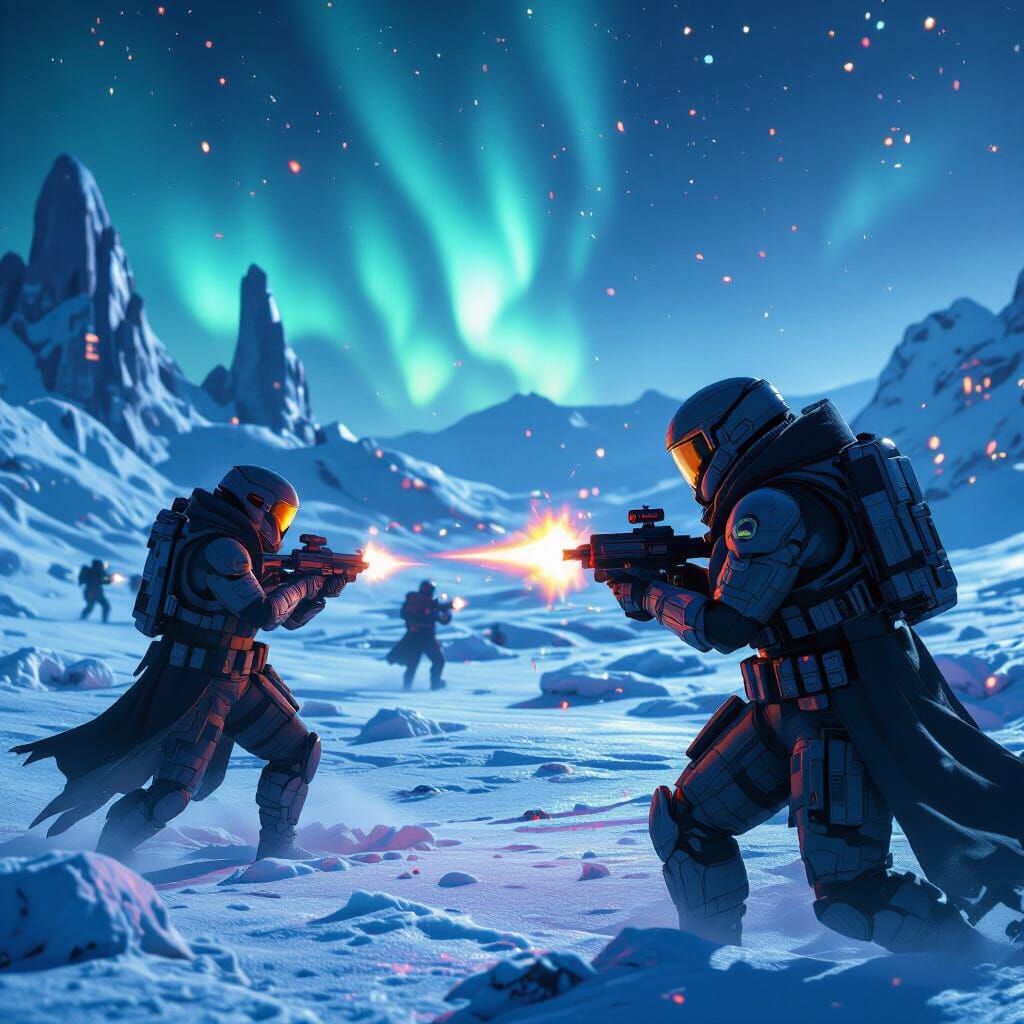 Retro Sci-Fi Heroes in Frozen Desert Battlefield