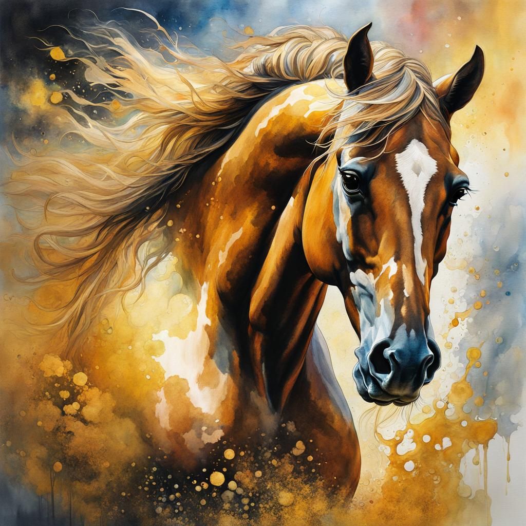Horse Portrait in Watercolor Splash Art Style