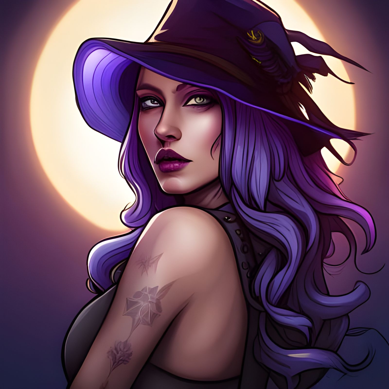Fantasy Witch with Purple Hair in Graffiti Art Style