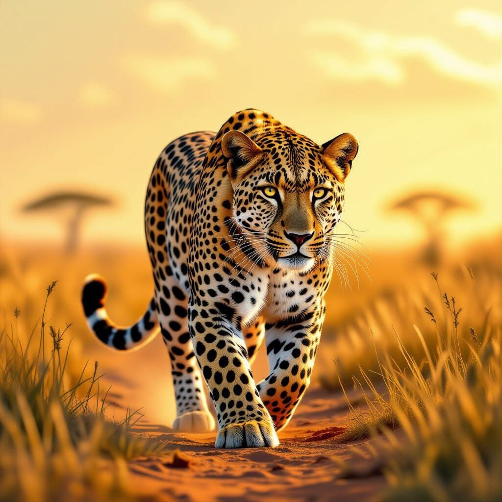 Golden Leopard in African Savanna, Digital Art