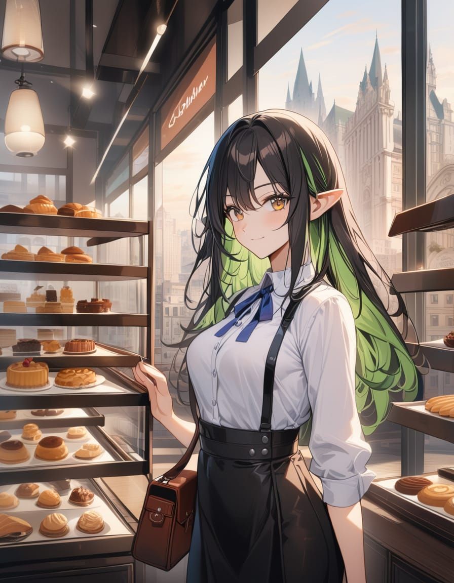 Anime Girl in Pastry Shop with Multicolored Hair