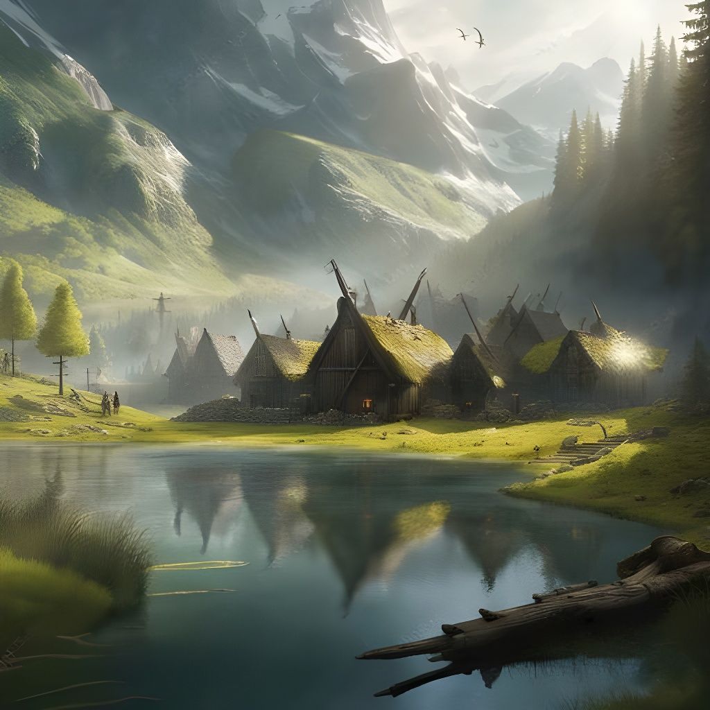 Viking Village Illustration with Sunlight