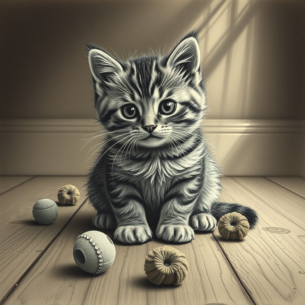 Kitten Surrounded by Toys: Hyperdetailed Charcoal Drawing