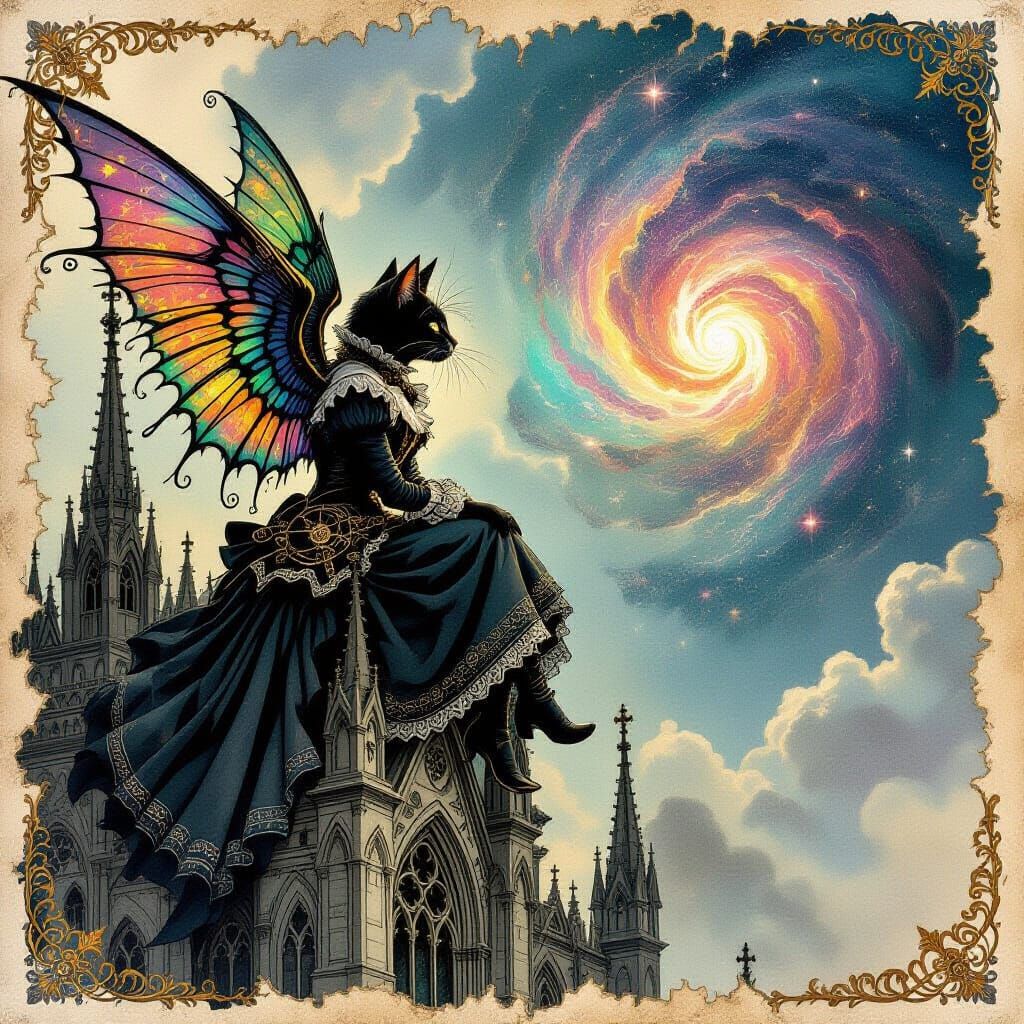 Spectral Clockwork Cat on Gothic Cathedral, Golden Age Illus...