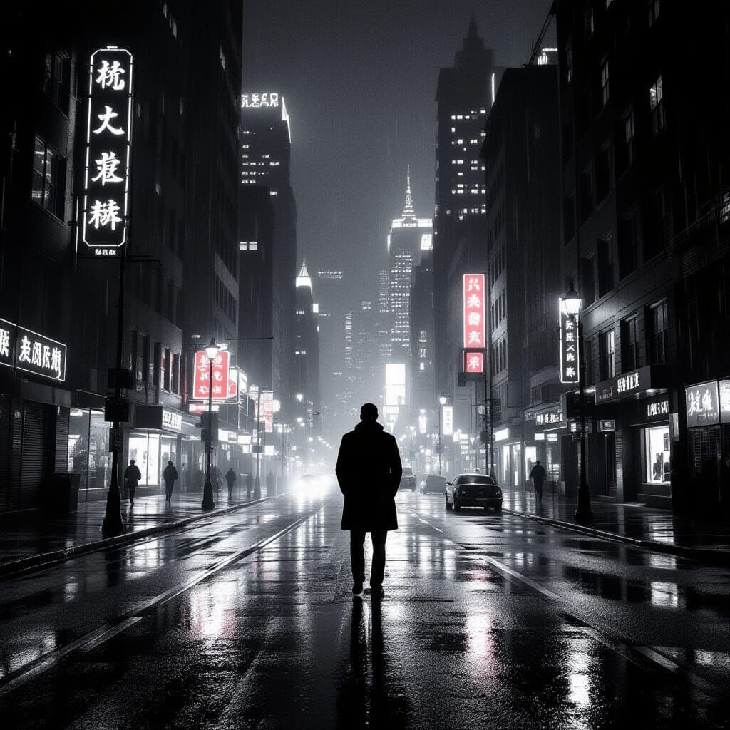 Rainy Cityscape at Night: A Film Noir Scene