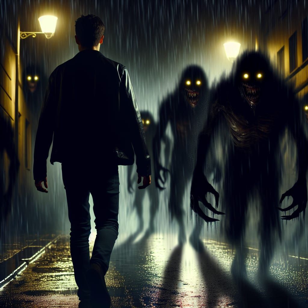 Ominous Shadows Stalk a Man in the Rain