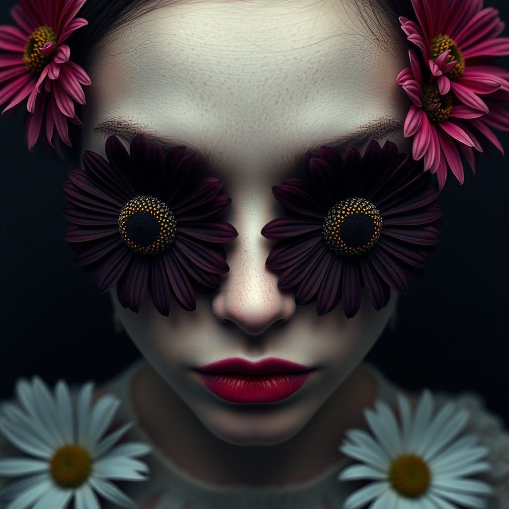 Enigmatic Surrealist Portrait with Dark Floral Eyes