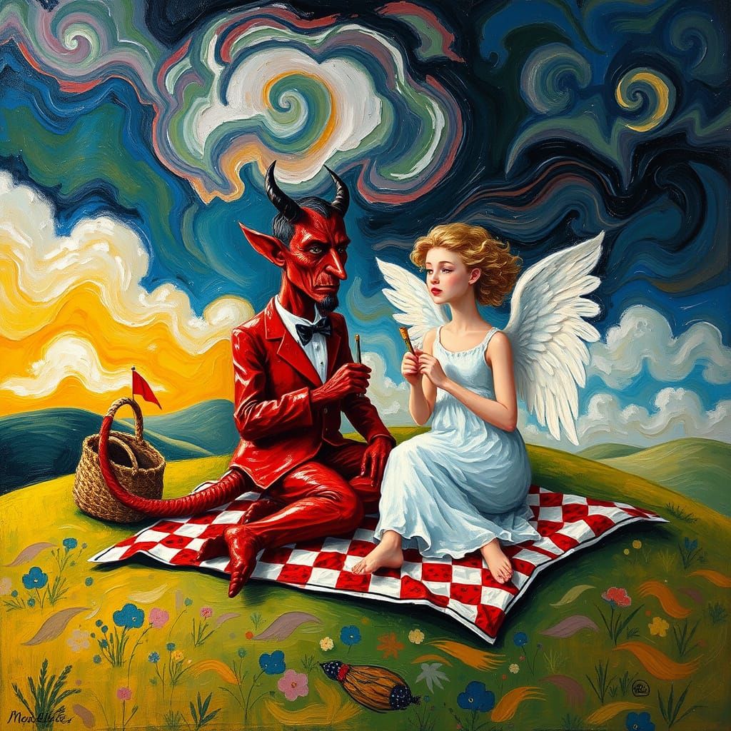 Devil and Angel Picnic on Whimsical Hill