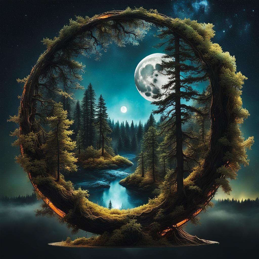 Surreal Moon Forest in Hyperrealistic Cosmic Style