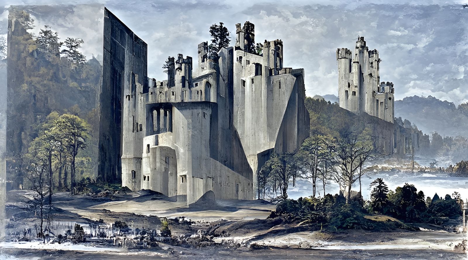 Brutalist ornamental traditional sci-fi castle