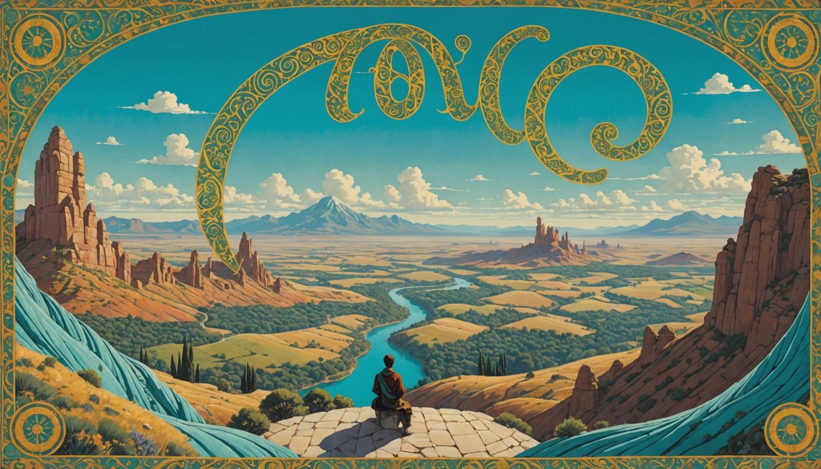 Lone Figure Gazes at Fantastical Hills and Arches