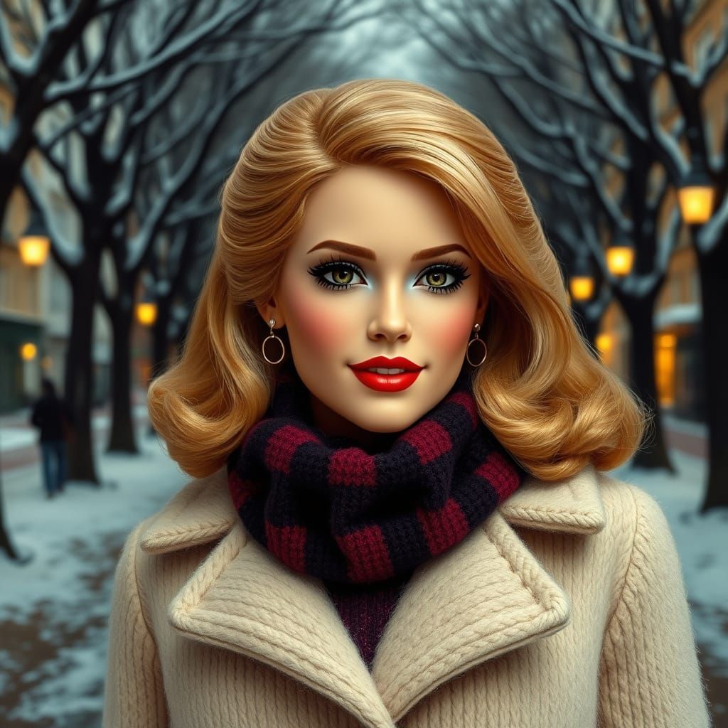 Plus-Size Jennifer Lawrence as 1960s Barbie Doll in Winter W...