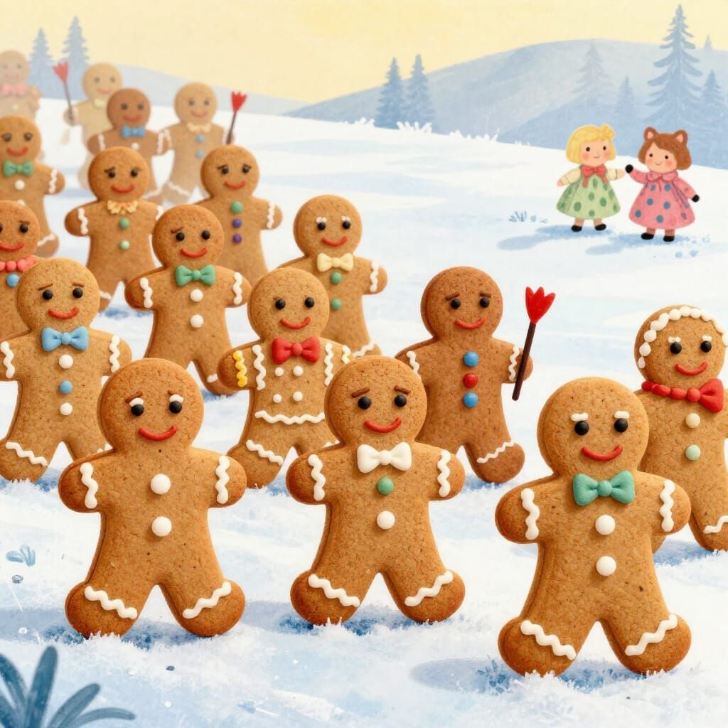 Whimsical Gingerbread Cookie Army Marches in Illustrative St...