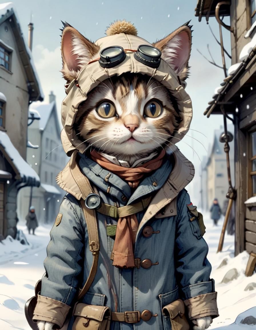 Anthropomorphic Cat Adventurer on a Winter Expedition