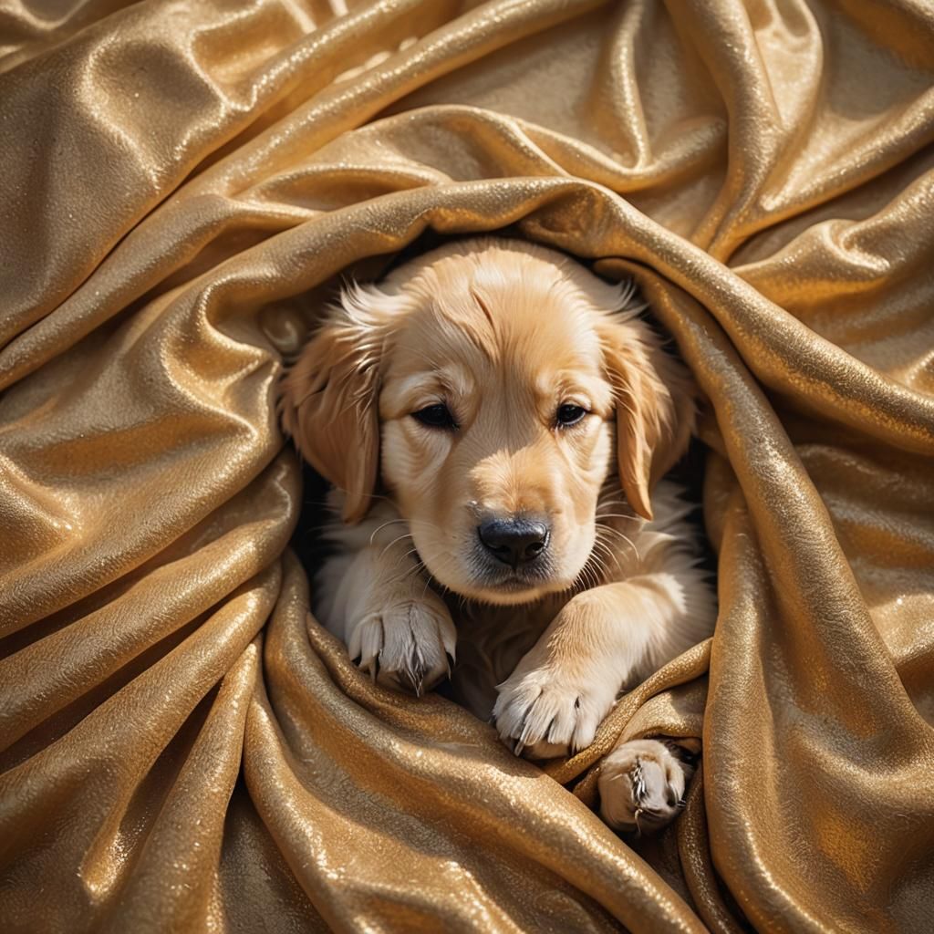 Golden Retriever Puppy Asleep in Dreamlike Setting