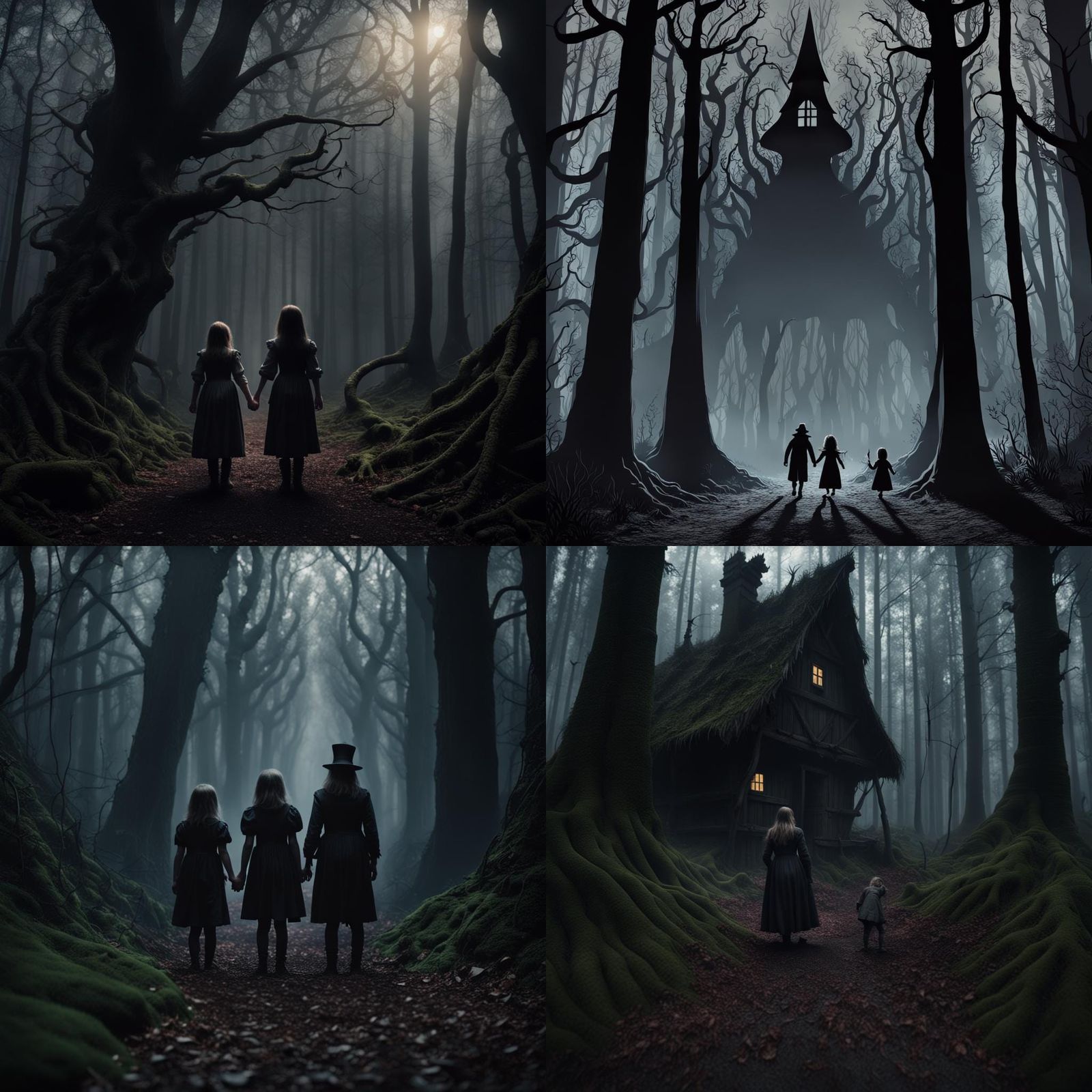 Hansel and Gretel Encounter a Witch in Dark Forest