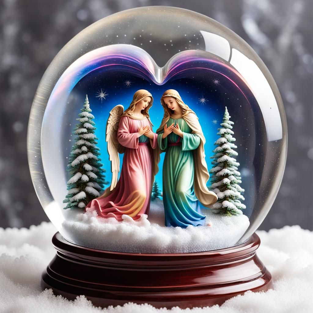 Angels, Aurora Borealis, Jesus, and Mary in Snow Globe