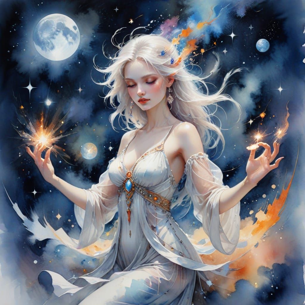 Celestial Sorceress Casting Spells in Cosmic Watercolor Styl...