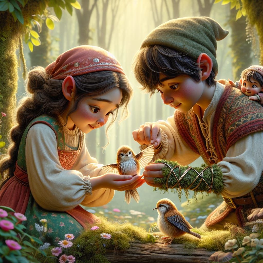 Gnomes Healing Bird in Forest Storybook Scene