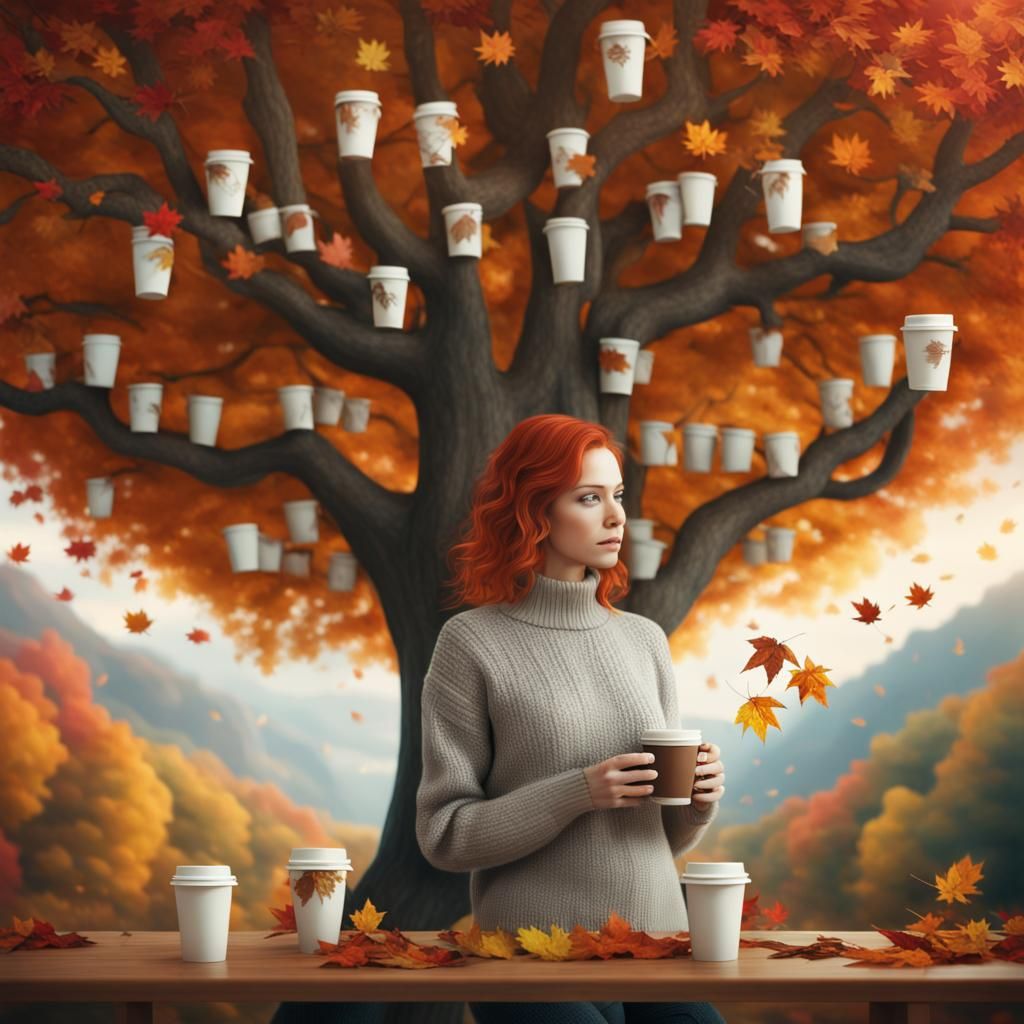 Fall Tree Harvests Coffee Cups in Digital Painting