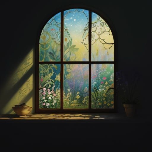 Whimsical Window Scene in Pastel Colors