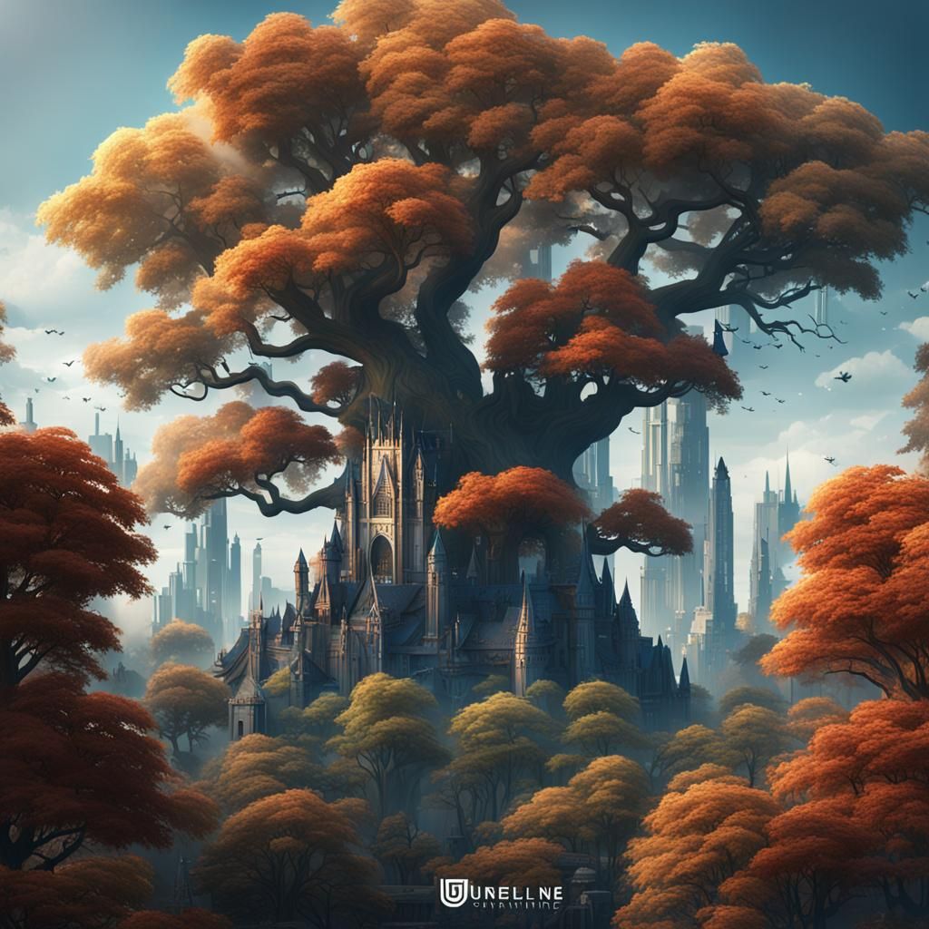 White City Skyline with Trees, Detailed Matte Painting