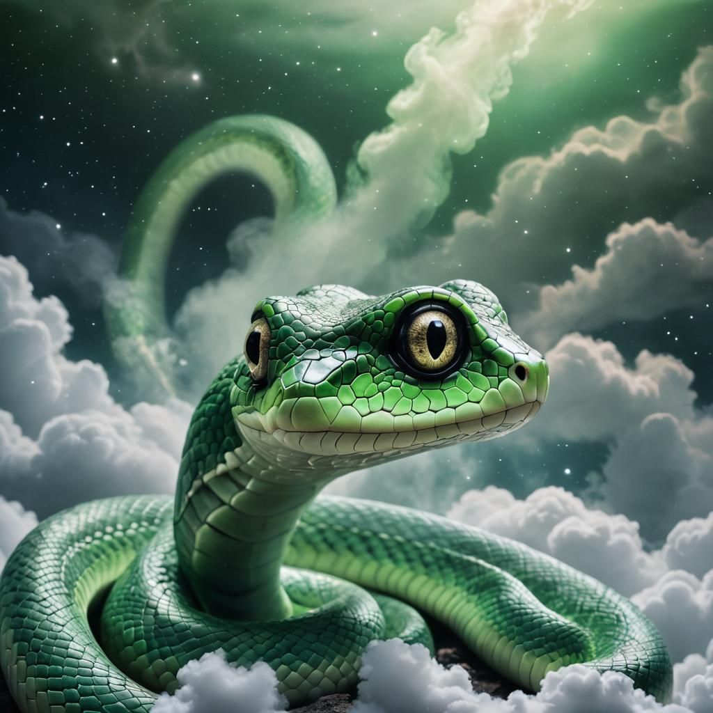 Ethereal Green Snake on Cloud in Fantasy Landscape