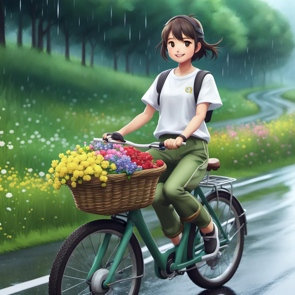 Anime Girl on City Bike in Rainy Countryside