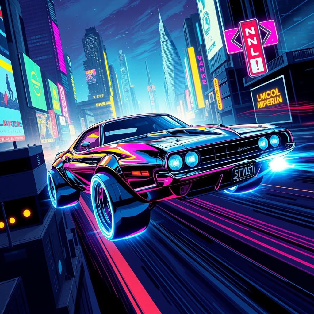Chrome Muscle Car Soaring Through Neon Cityscape