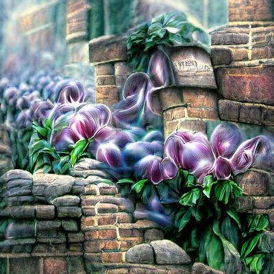 Purple Tulips and Vines on Brick Wall
