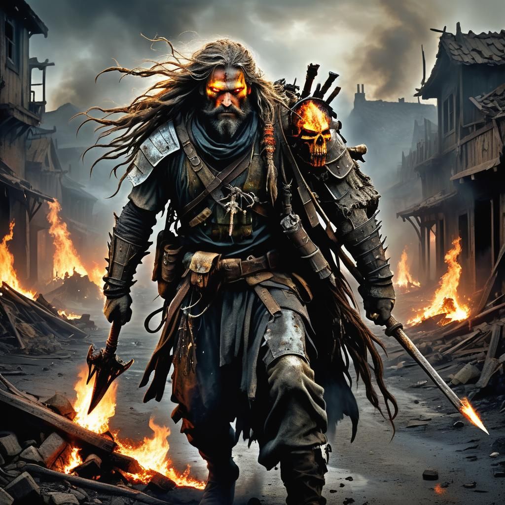 Fiery Scavenger in Post-Apocalyptic Wasteland