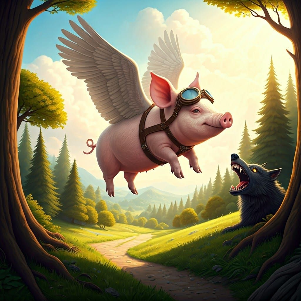 Majestic Pig Takes Flight in Whimsical Landscape
