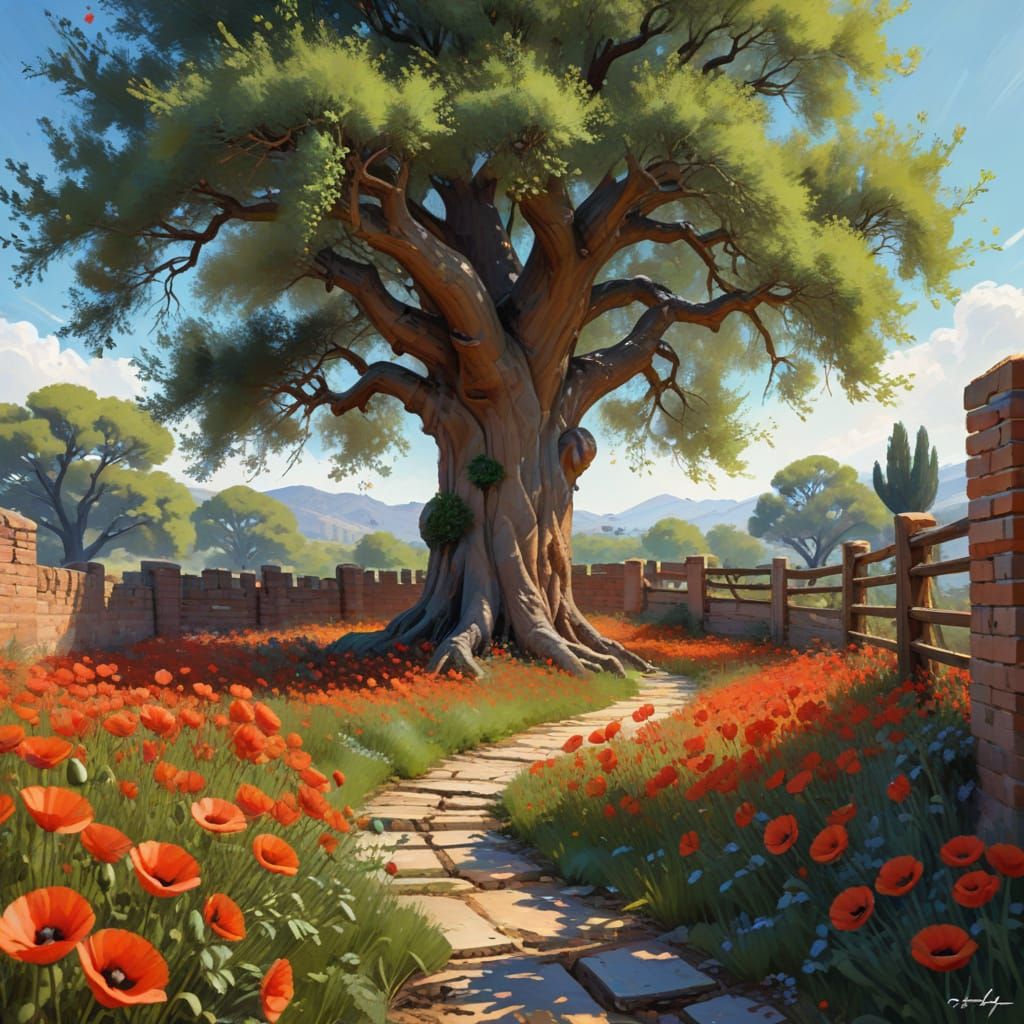 Poppy Field Under Olive Tree: Impasto Digital Art