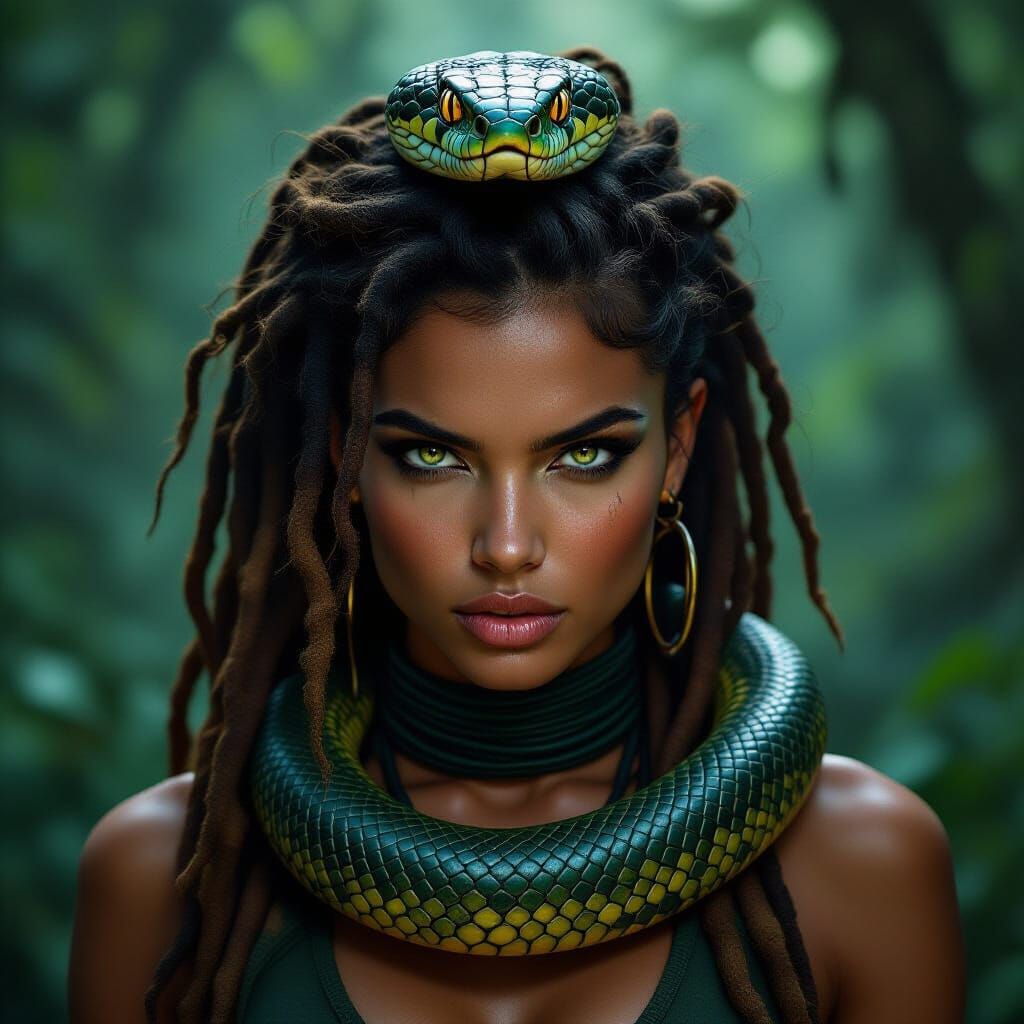 Fierce Forest Woman With Cobra Pet in Dark Fantasy Style
