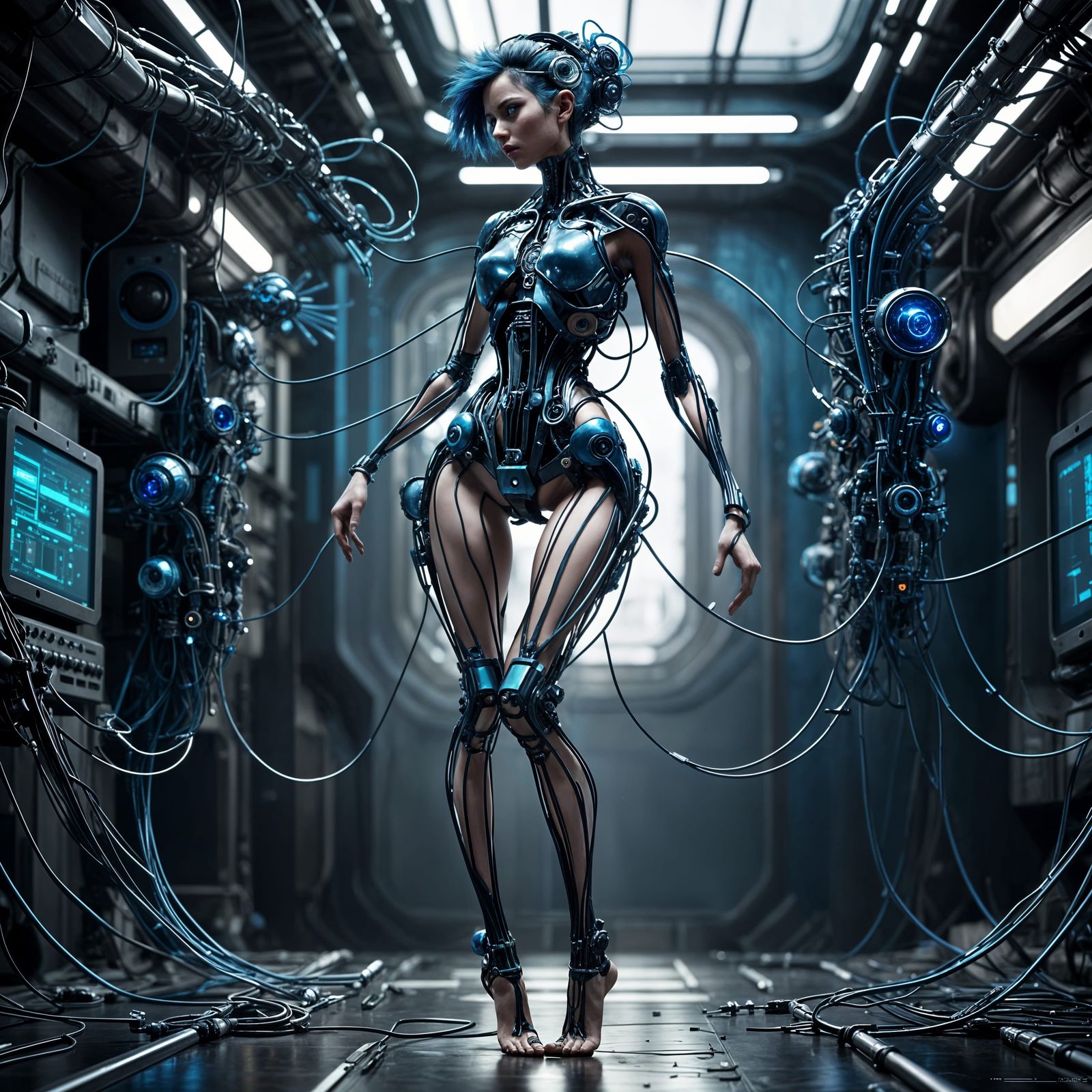 Biopunk Wireframe Human in Dynamic Pose