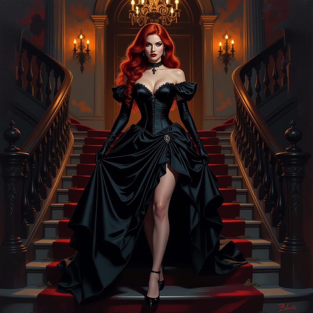 Gothic Jean Grey Descends Opulent Mansion Steps