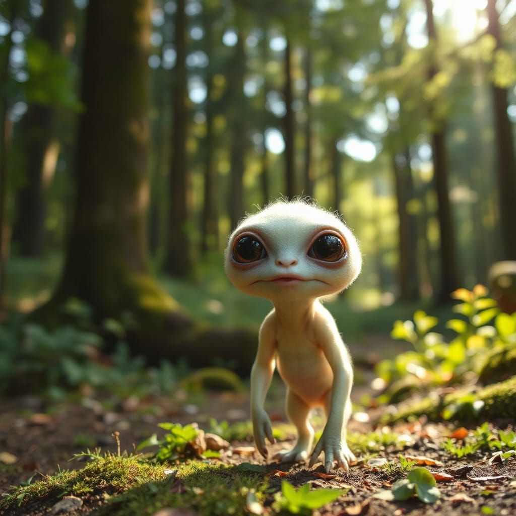 Adorable Sci-Fi Creature in Lush Forest, Cinematic Photo