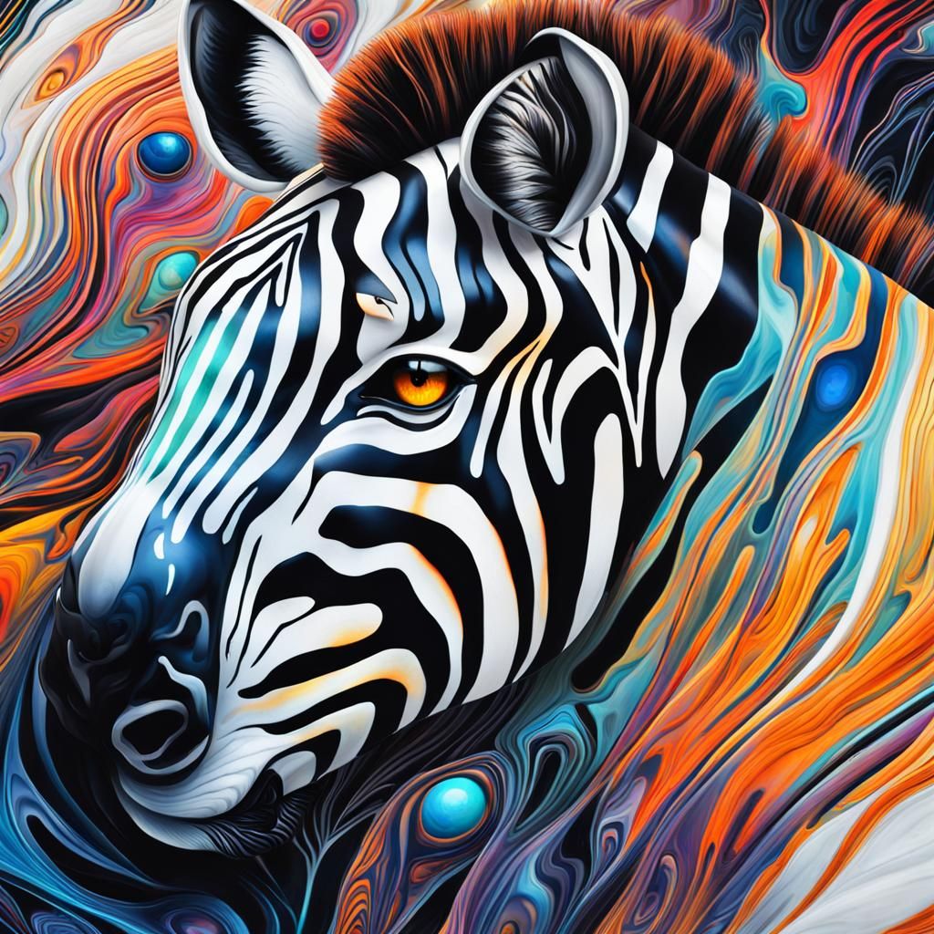 Psychedelic Zebra Reflection in Marble, Oil Painting