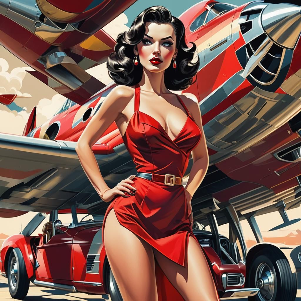 WW2 Pin-Up Girl In front of a Mustang Plane, Colored ink, Pi...