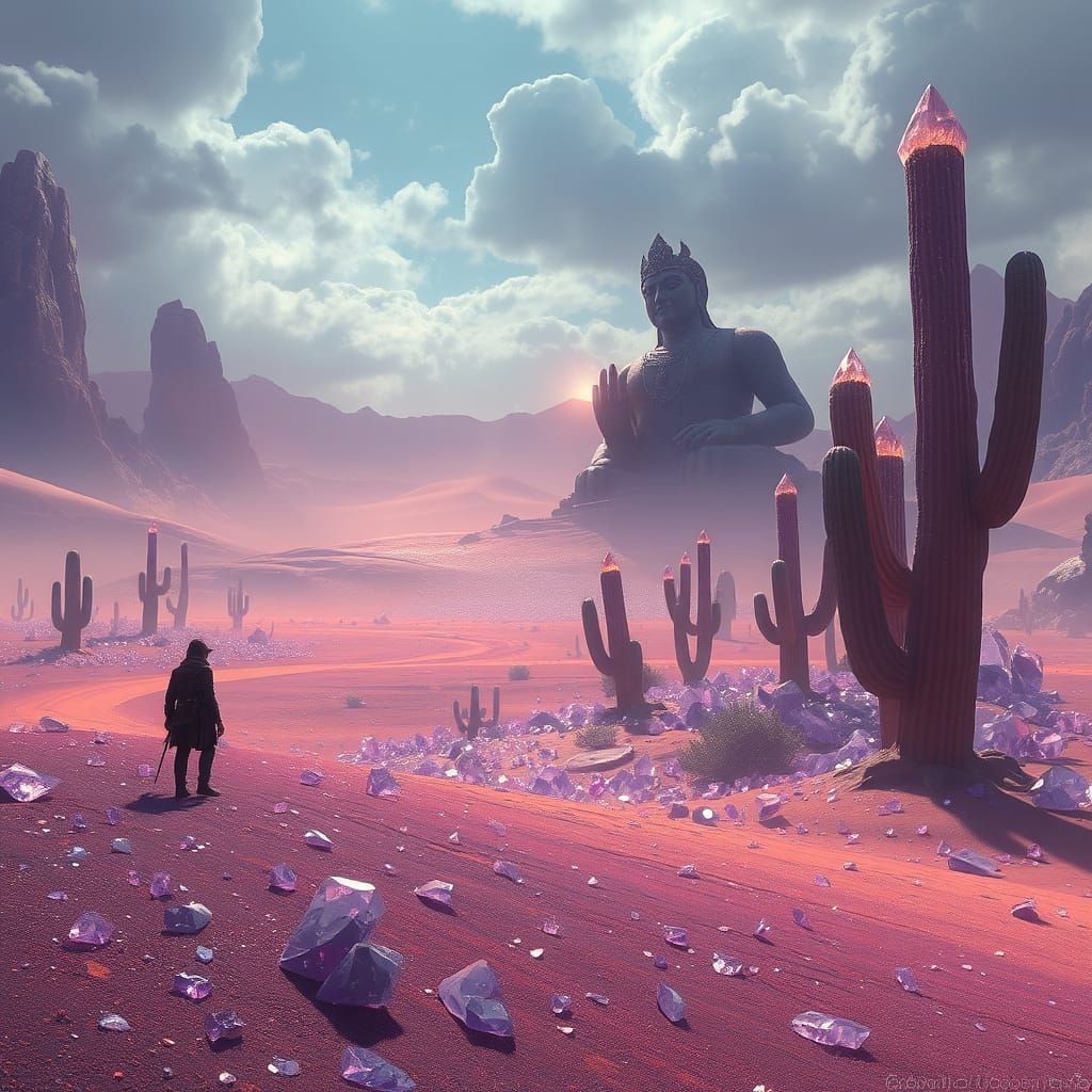 A lone figure stands at the edge of a vast, crystalline dese...