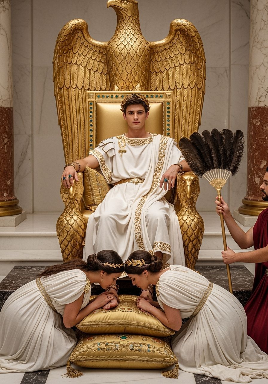 Young Emperor on Eagle Throne in Palace Room