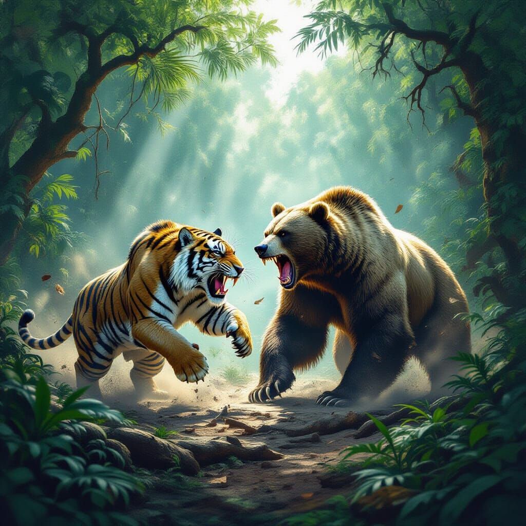 Saber-Tooth Tiger vs. Cave Bear in Prehistoric Jungle