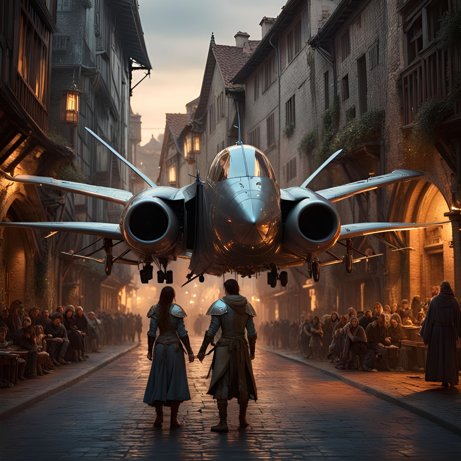 "powerful scene of 3d hd Amazon knights and  futuristic gothic airforce plane  in medieval old town ,night scene