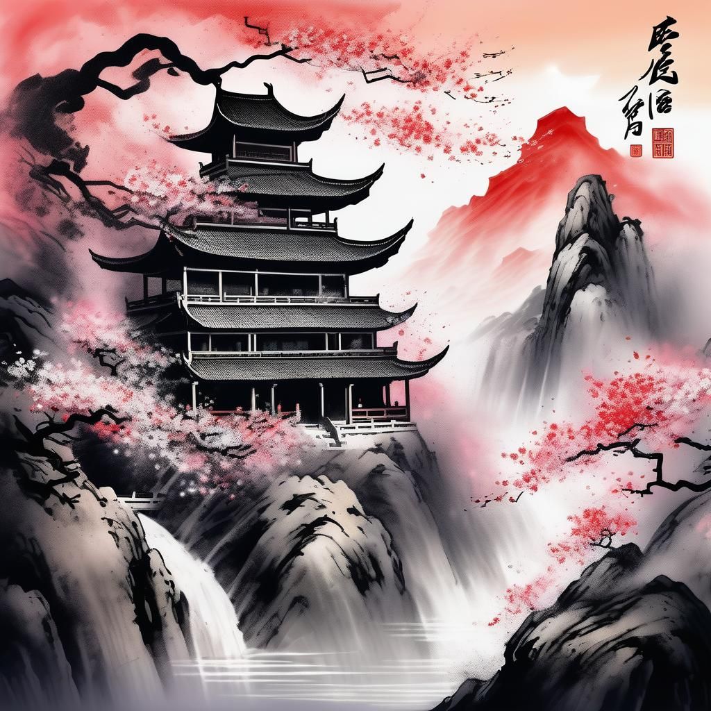 Goddess of War in Ink Landscape