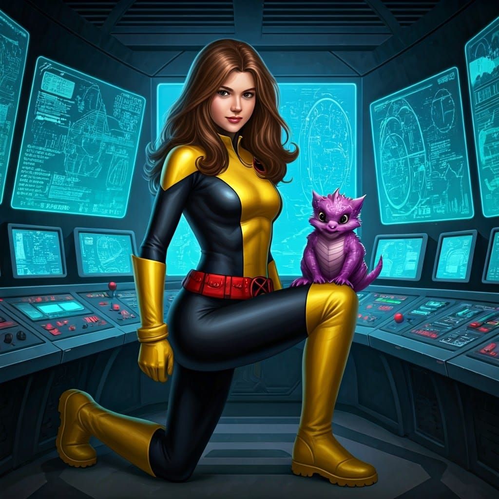 Young Shadowcat in Fierce Battle Readiness, Cyberpunk-Inspir...