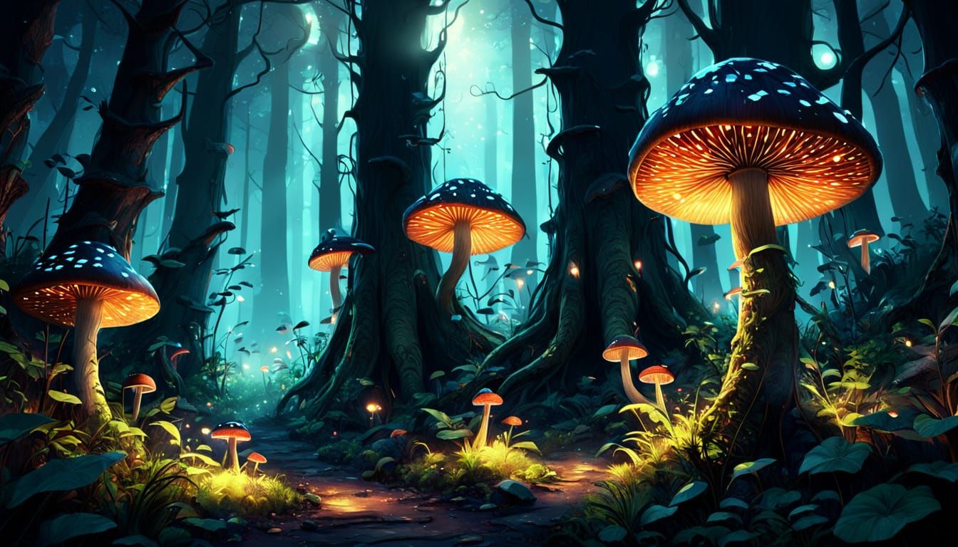 Mystical Forest with Glowing Mushrooms: 3D Render