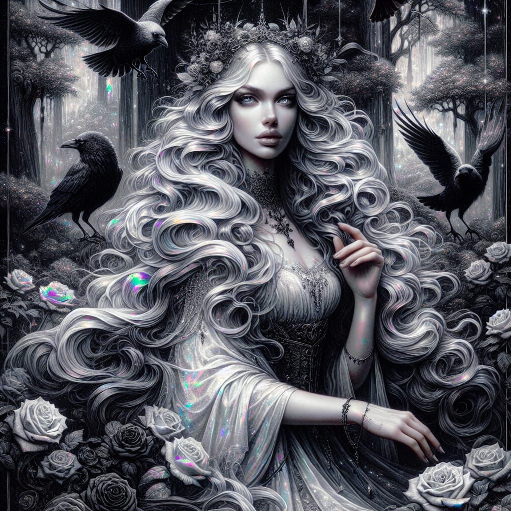 Silver-Haired Queen in Enchanted Forest, Holographic Art